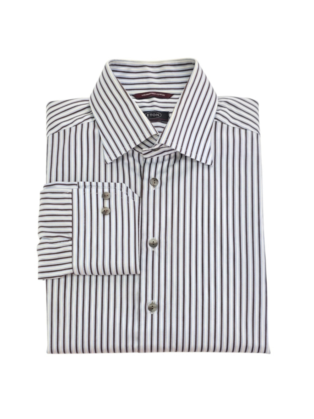 Eton Mens Dress Shirt 17 43 Brown Blue Stripe Wrinkle Free Cotton Spread Collar